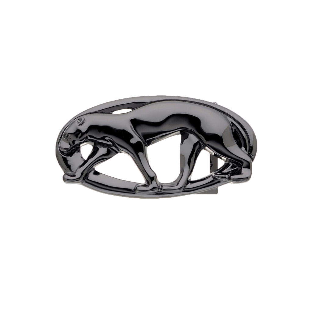 Sleek black chrome panther belt buckle, a modern fashion accessory with an Art Nouveau-inspired Italian design.