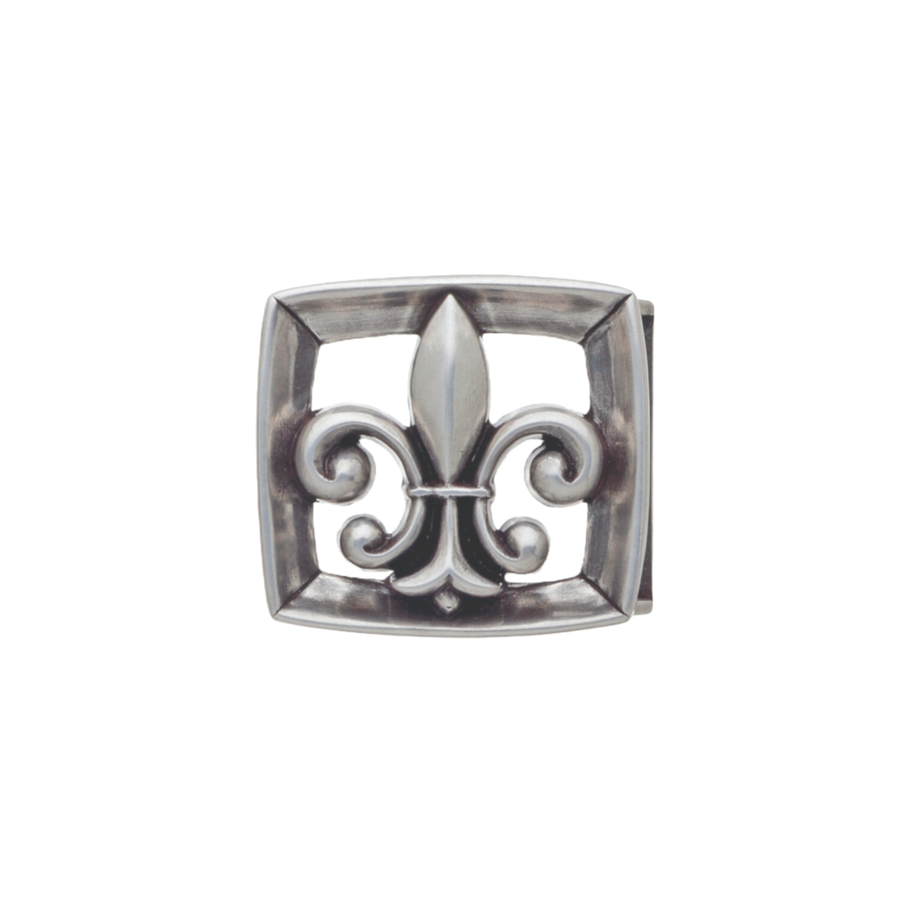 Square openwork belt buckle with raised fleur-de-lis, oxidized silver, isolated on transparent background