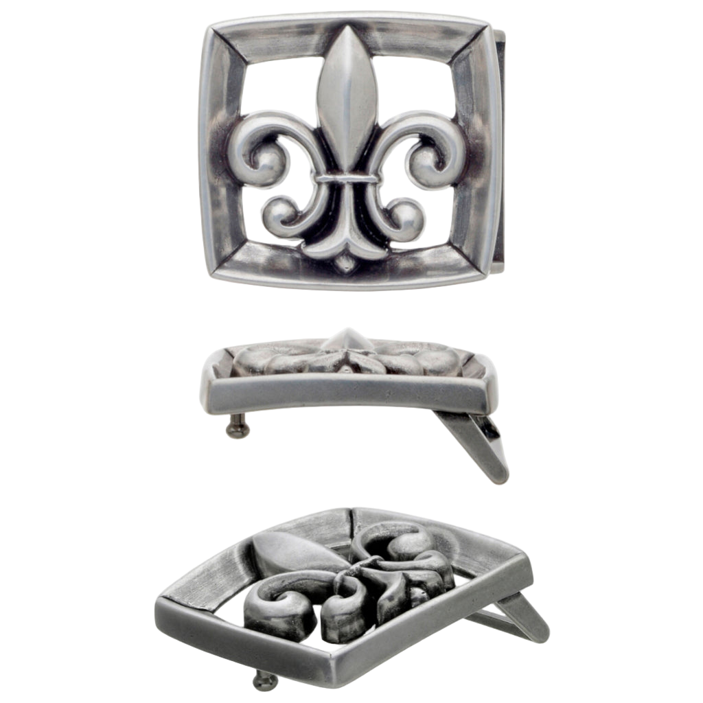 Square fleur-de-lis belt buckle in oxidized silver, front and side angles with visible hardware, transparent background