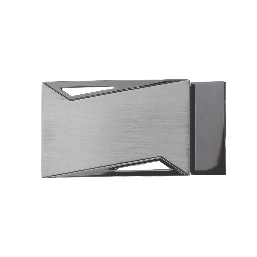 Modern brushed gunmetal rectangular belt buckle featuring a minimalist flat frame with two triangular geometric cutouts.