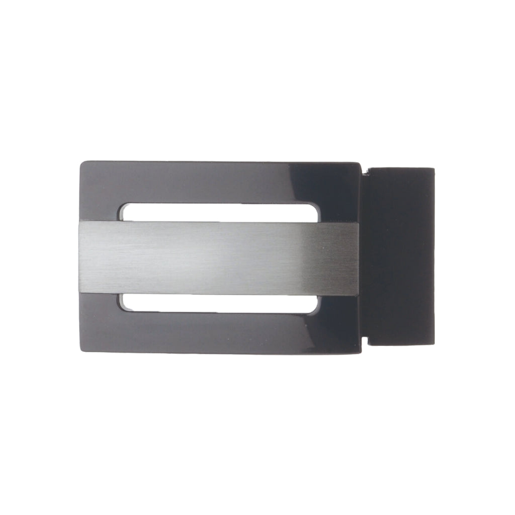 Modern two-toned rectangular buckle featuring a polished black frame with a central brushed gunmetal horizontal bar and two rectangular cutouts.