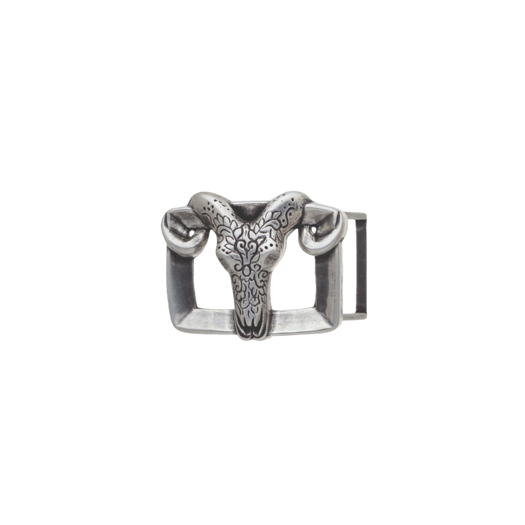 Silver ram head belt buckle, a unique fashion accessory with an Italian design.