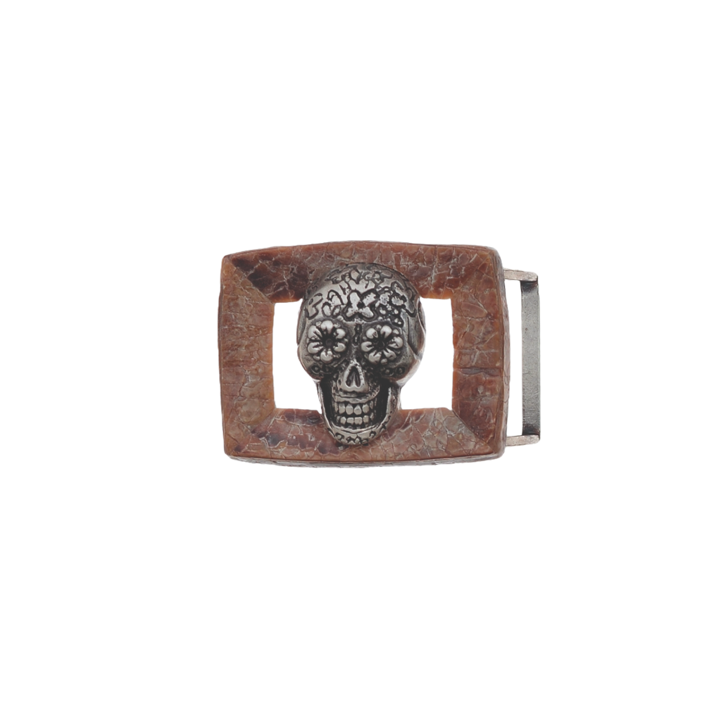 Rectangular brown stone belt buckle with silver sugar skull design, Day of the Dead western cowboy rodeo fashion accessory
