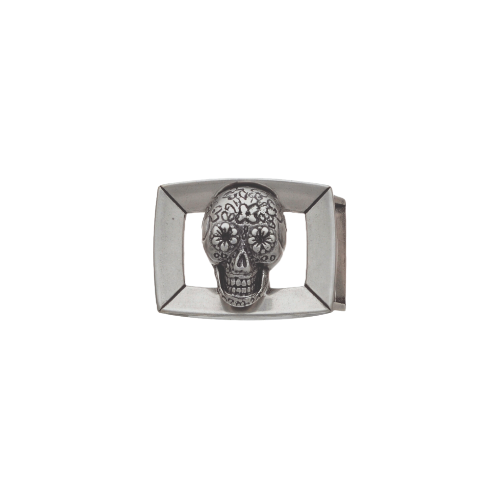 Modern square silver belt buckle with a detailed Mexican sugar skull design, a unique fashion accessory with a statement-making Italian design.