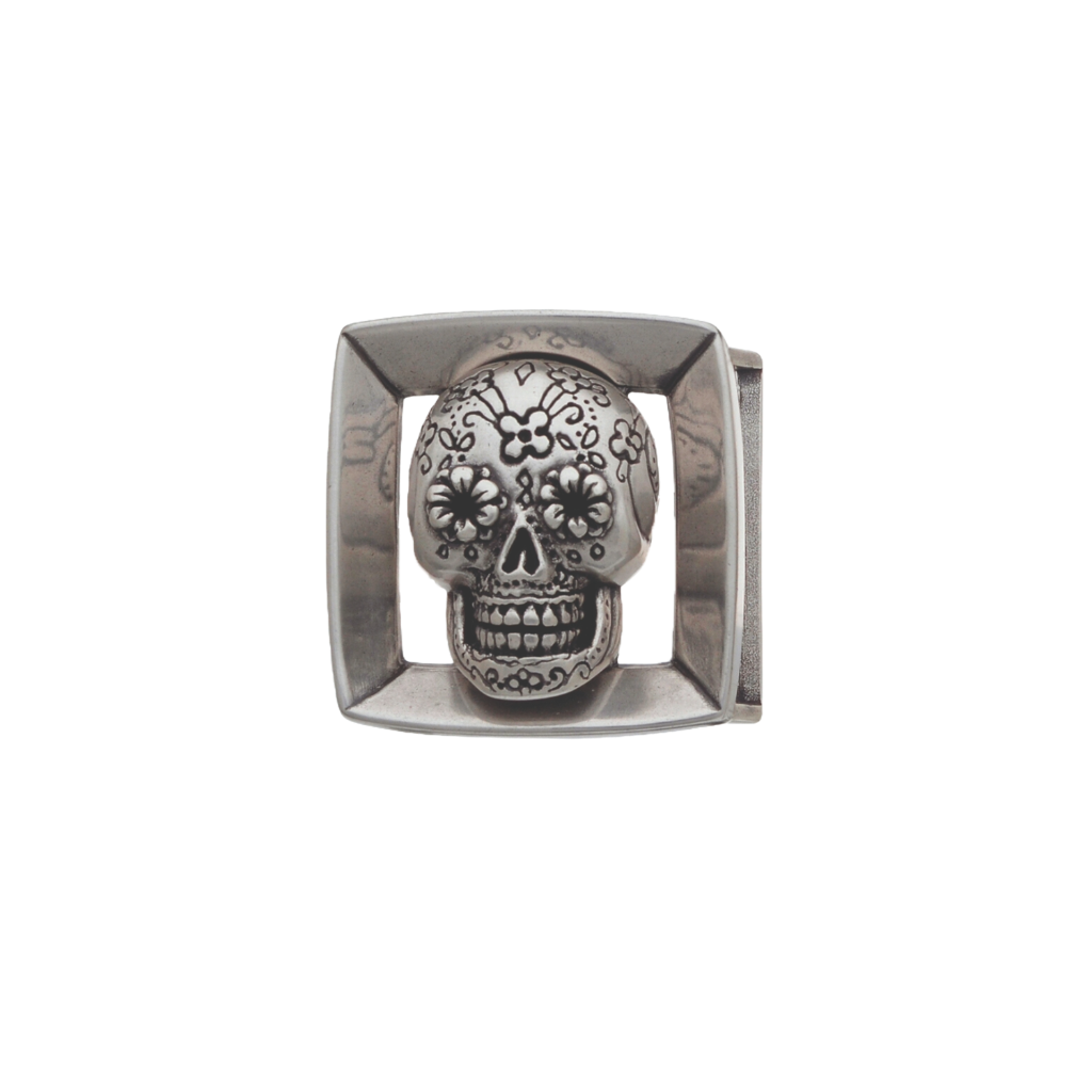 Modern square silver belt buckle with a detailed Mexican sugar skull design, a unique fashion accessory with a statement-making Italian design.