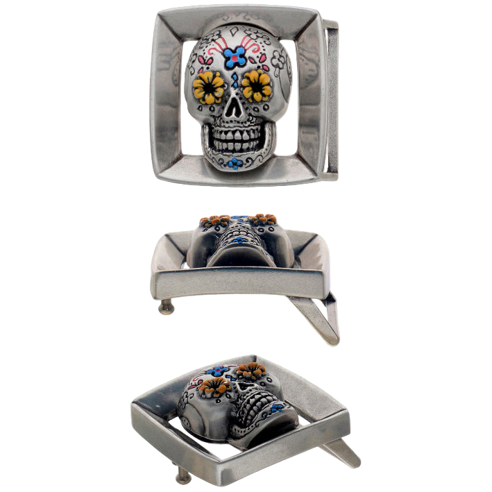 Modern square silver belt buckle with a detailed and colorful Mexican sugar skull design, a unique fashion accessory with a statement-making Italian design.