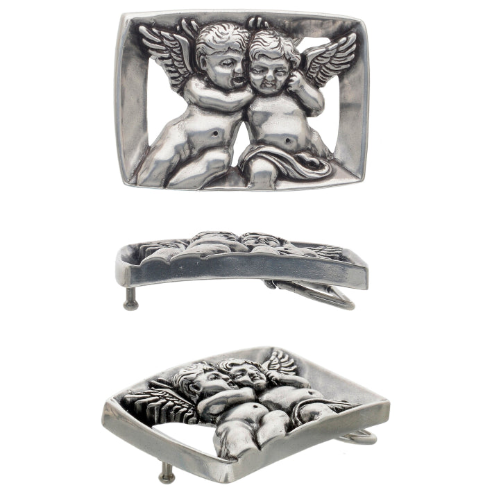 Cherub 40mm belt buckle in English silver finish. Crafted in zamak with Italian design, a symbolic and elegant accessory for 40mm leather belts.
