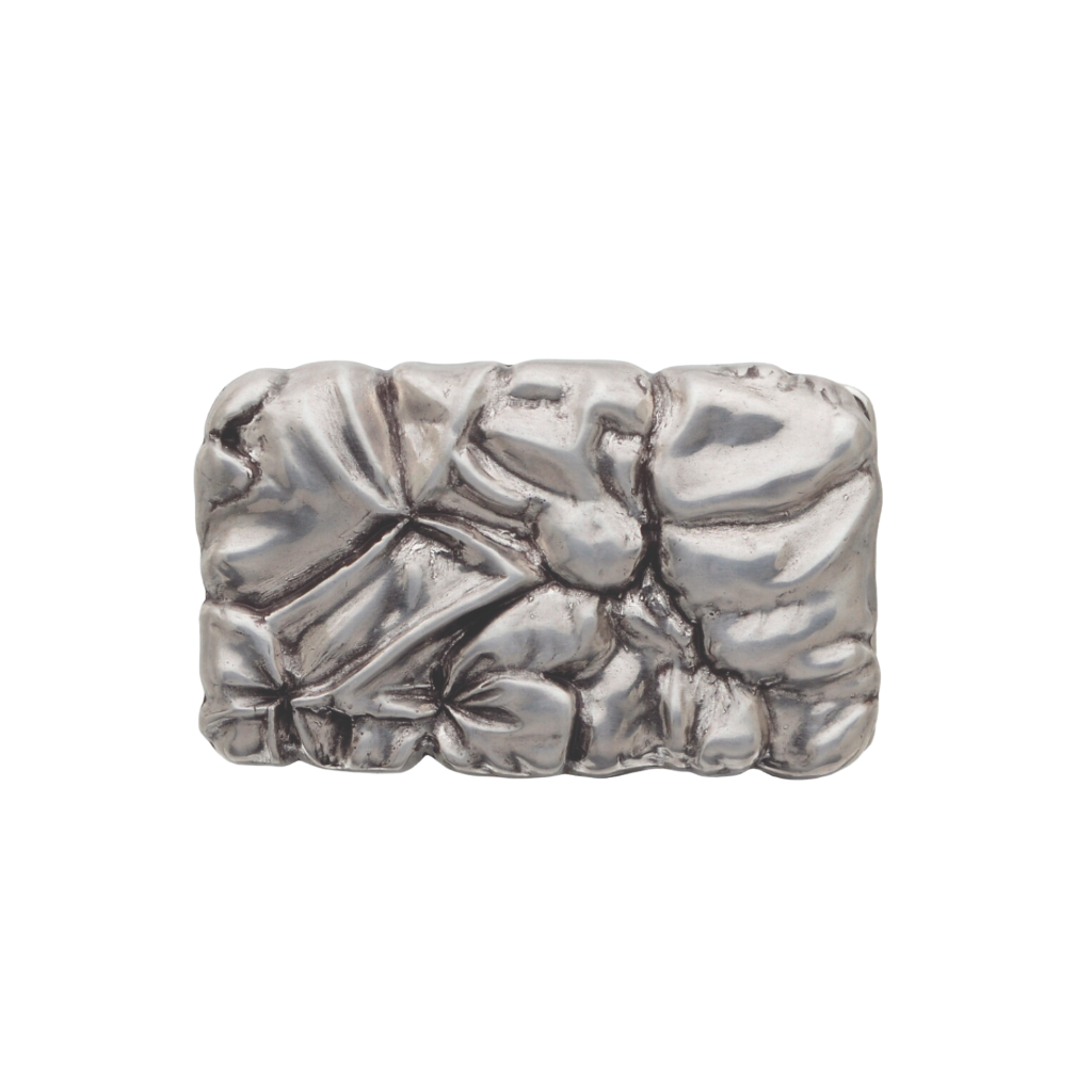 Rectangular belt buckle with textured folds and subtle leaf motifs, oxidized silver, isolated on transparent background