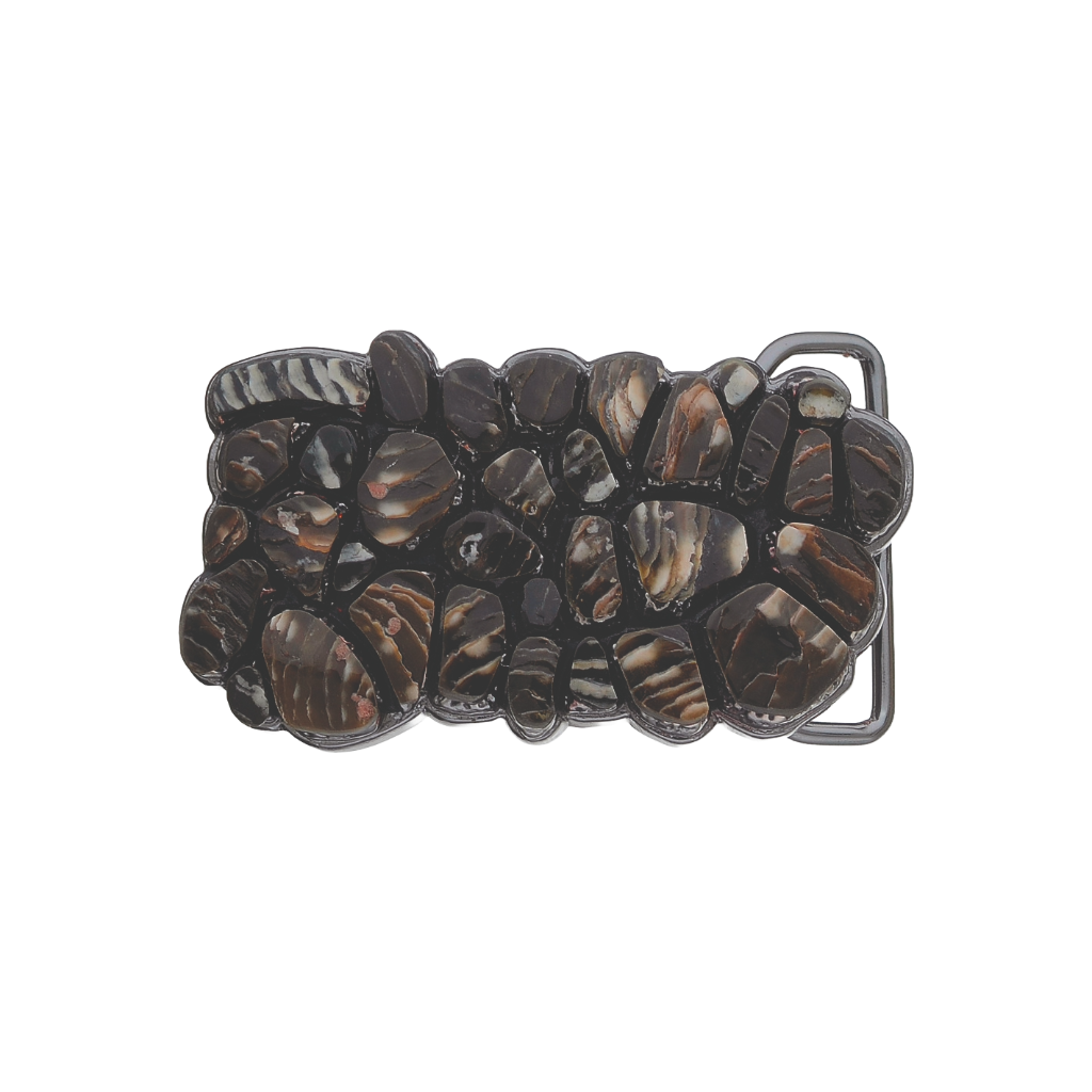 Rectangular belt buckle with polished dark brown stone inlay, mosaic rock pattern, western cowboy rodeo fashion accessory