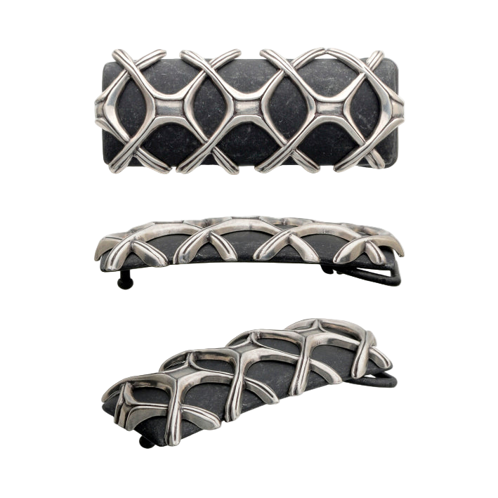 Rectangular black belt buckle with silver lattice overlay, geometric cross pattern, modern men’s fashion accessory