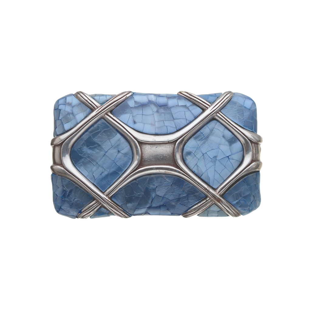 Rectangular belt buckle with light blue mosaic inlay and silver lattice overlay, stylish geometric design, men’s fashion accessory