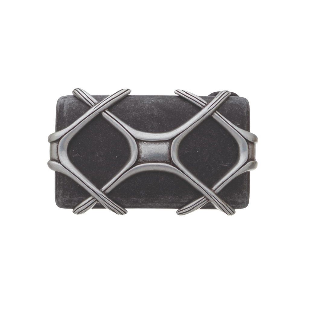 Black belt buckle with silver geometric design