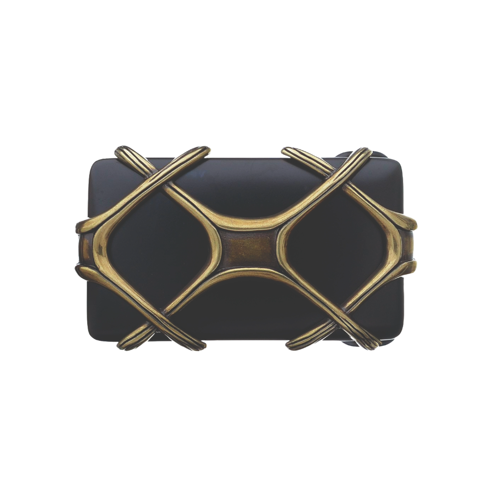 Rectangular black and bronze belt buckle with a lattice-style strap design, a sleek fashion accessory with a contemporary Italian design.