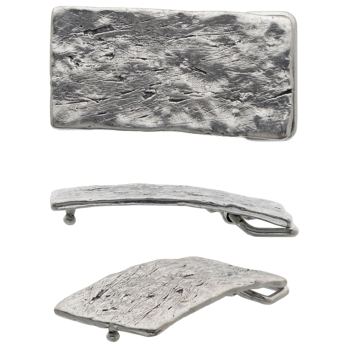 Rustic silver belt buckle with hammered textured finish, rectangular shape, artisan handcrafted men’s accessory