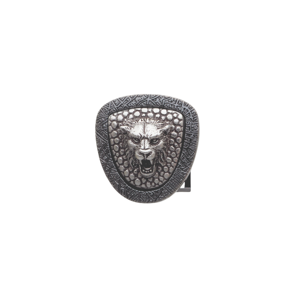Brushed silver belt buckle with a detailed snarling wolf head design in the center and a textured and patterned border, a bold fashion accessory with an animal-themed Italian design.