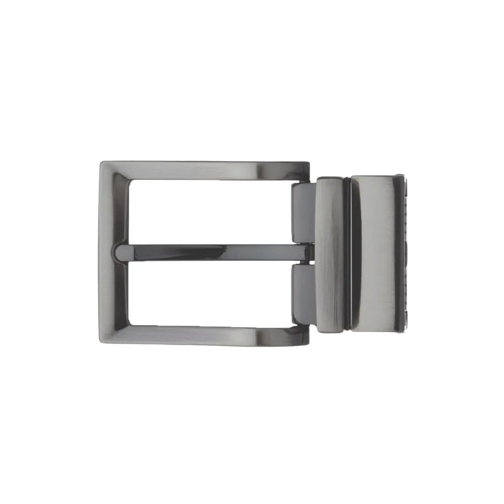 Gunmetal rectangular belt buckle frame with center bar and hinged clasp