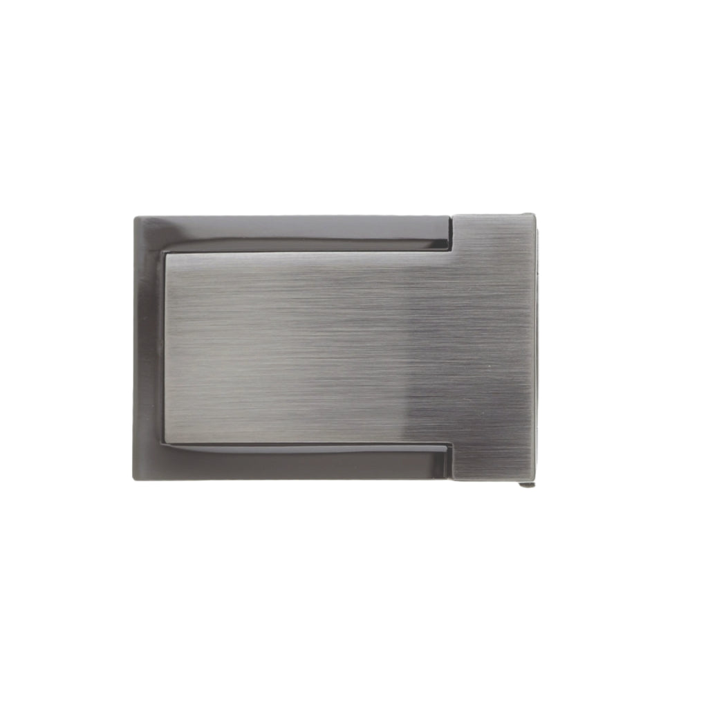Modern two-toned rectangular buckle featuring a polished gunmetal L-shaped frame and a central brushed gunmetal inset panel.