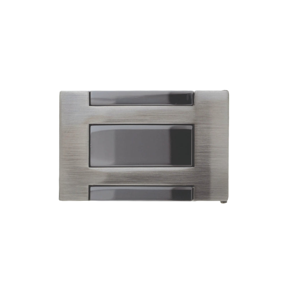 Modern three-toned rectangular buckle featuring a brushed silver frame with three polished black horizontal inset panels.
