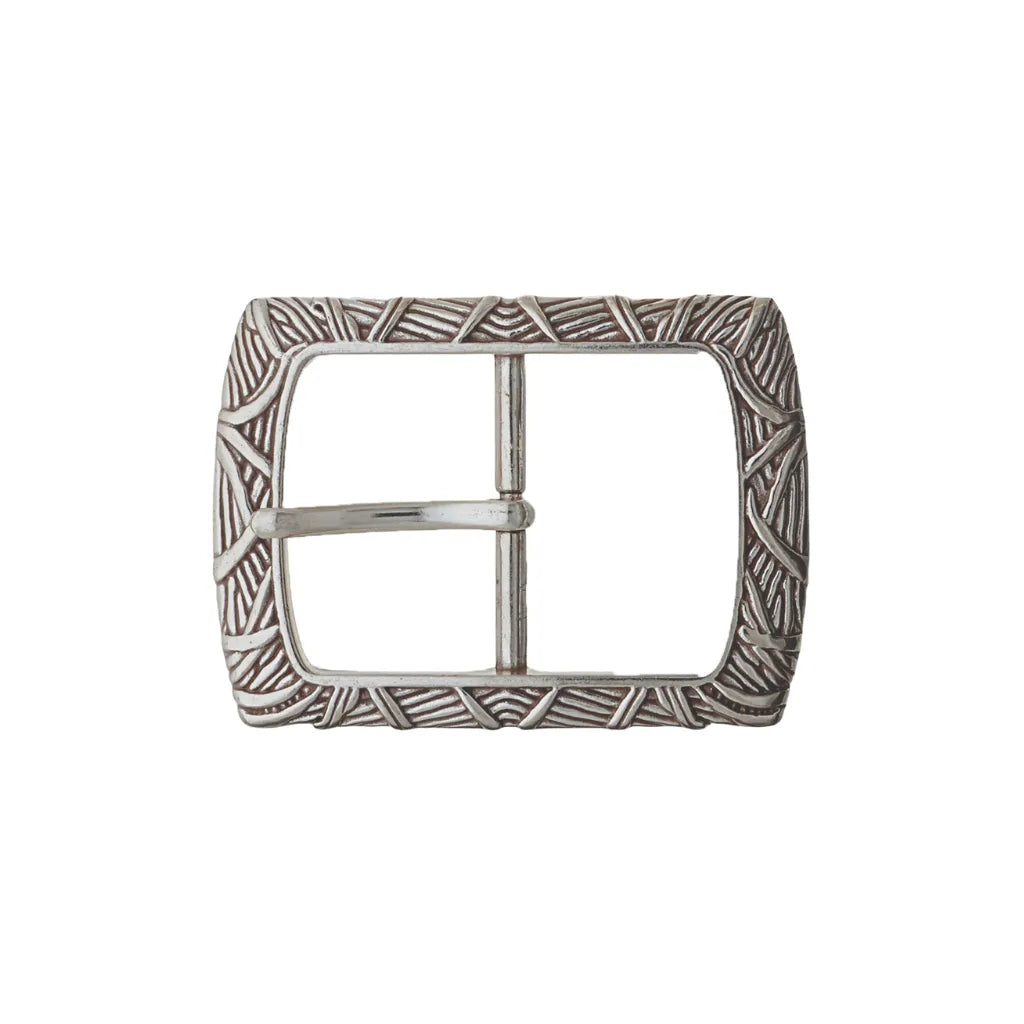 Silver-tone rectangular belt buckle with engraved leaf pattern frame, fits 40mm belt strap