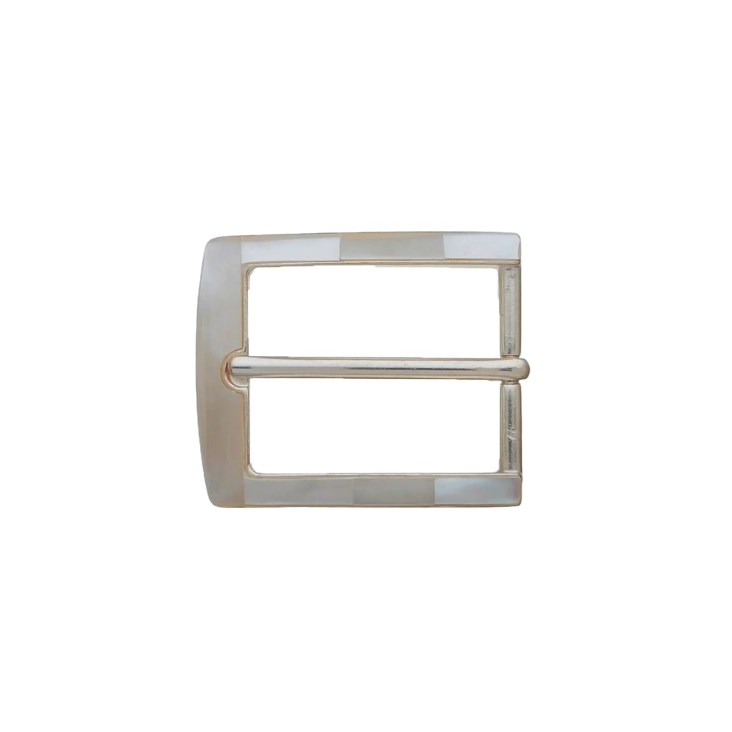 Rectangular belt buckle with ivory mother-of-pearl inlay frame and brushed silver pin, fits 35mm belt strap
