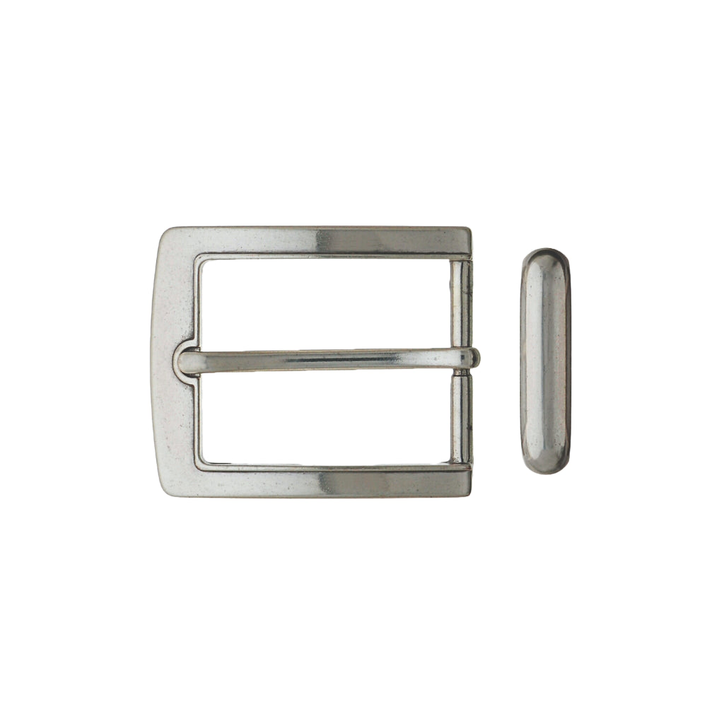 Polished silver rectangular belt buckle with matching keeper loop, fits 35mm belt strap