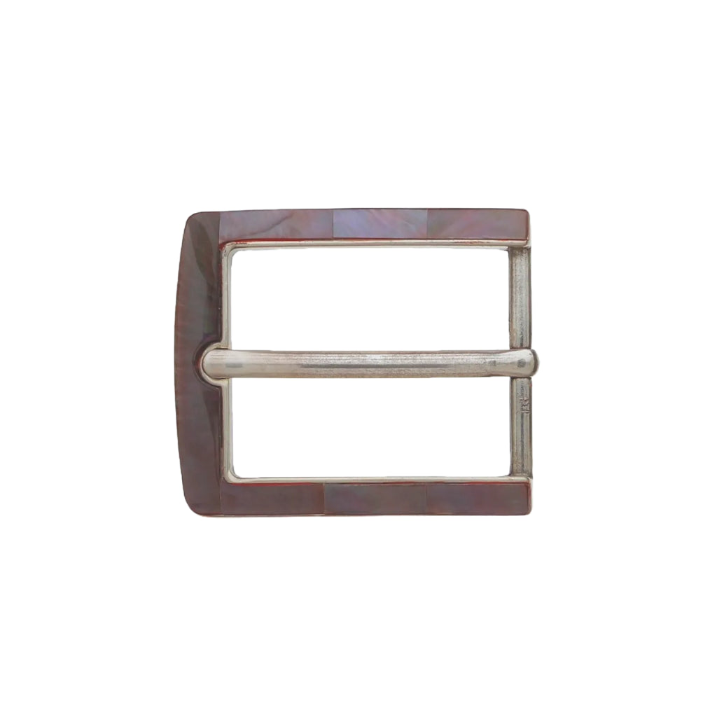 Rectangular belt buckle with brown marbled inlay frame and brushed silver pin, fits 40mm belt strap