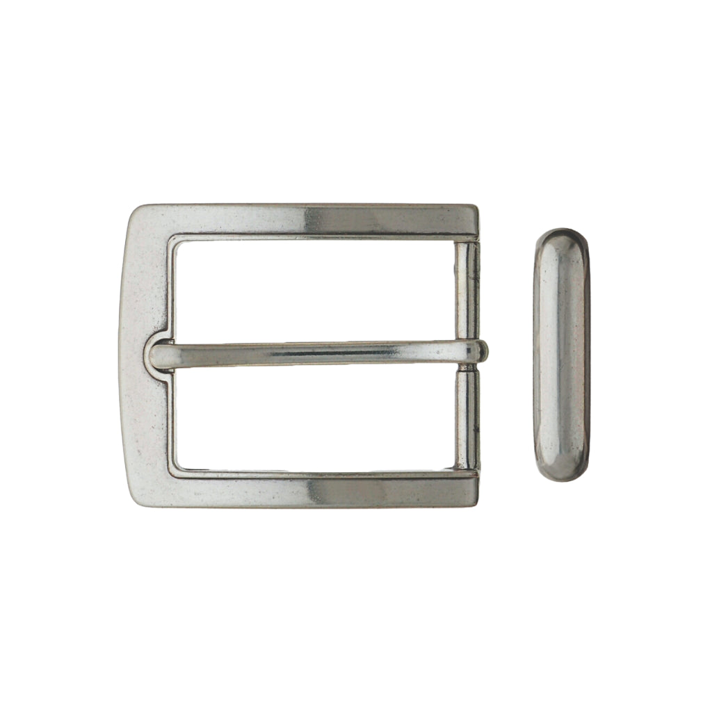 Polished silver rectangular belt buckle with matching keeper loop, fits 40mm belt strap