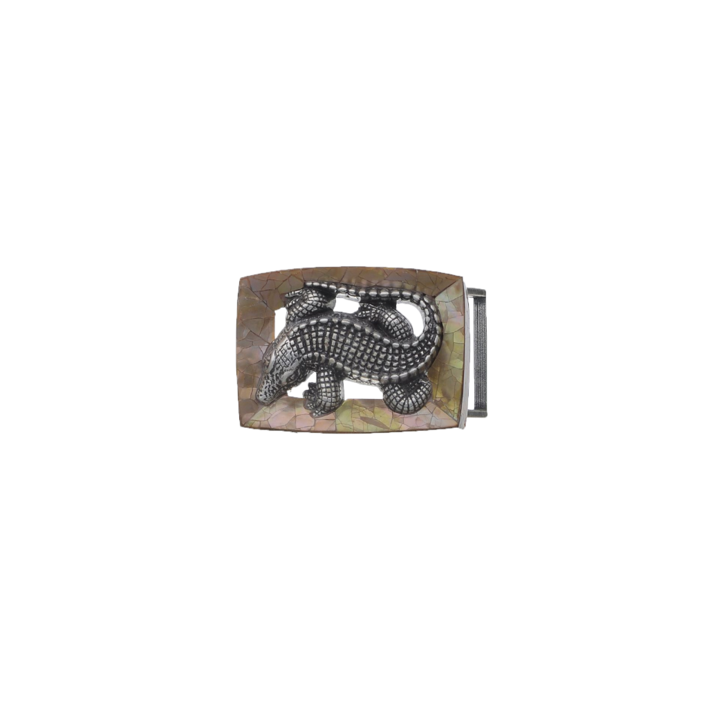 Silver crocodile belt buckle with detailed reptile design on mosaic stone frame, unique men’s fashion accessory