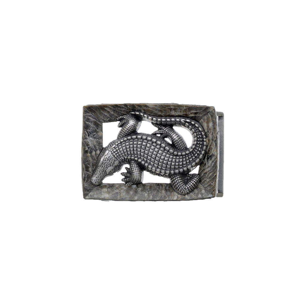 Silver crocodile belt buckle with textured reptile design on stone-like frame, unique fashion accessory for men’s belts
