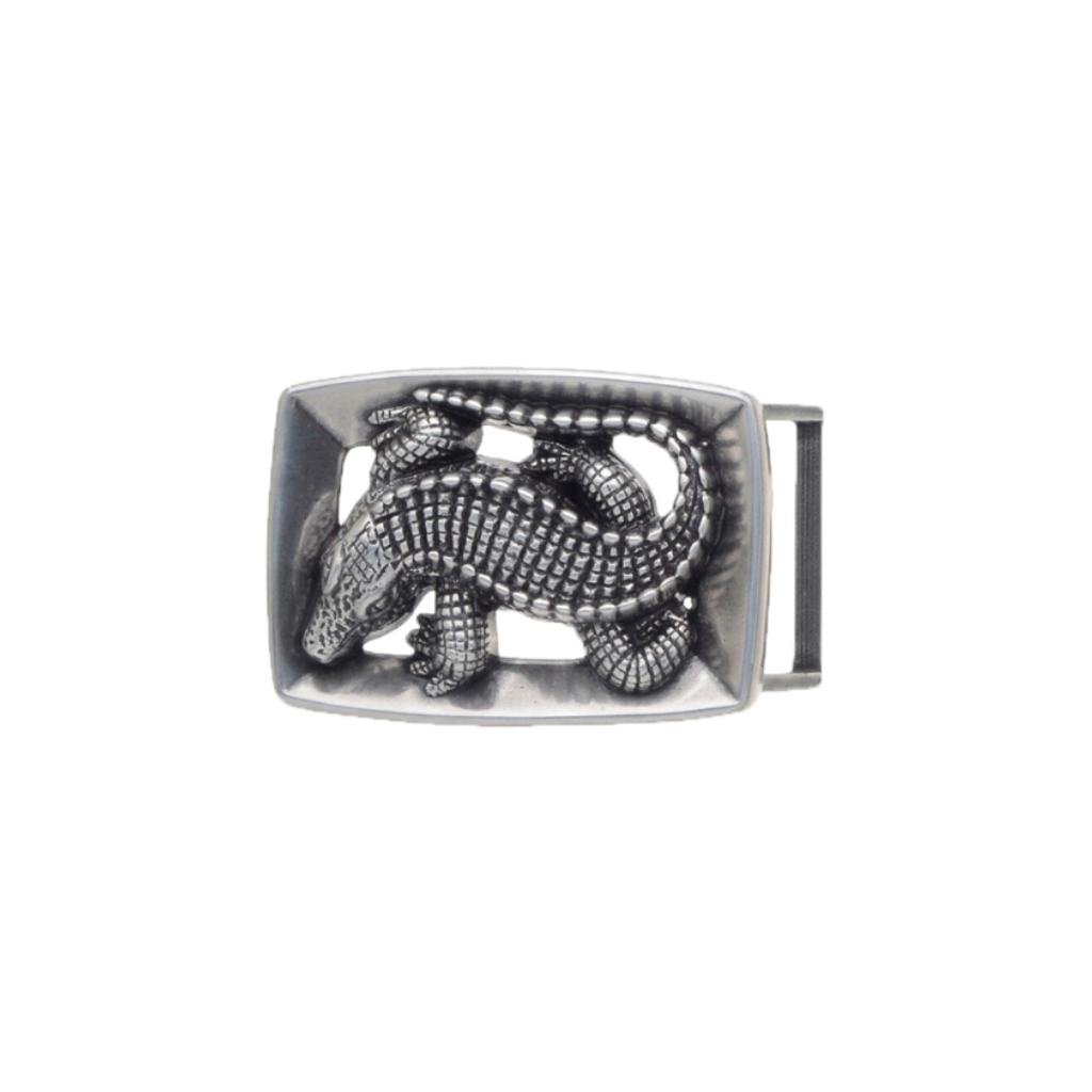 Antique silver belt buckle with crocodile design, rectangular shape, handcrafted Zamak accessory