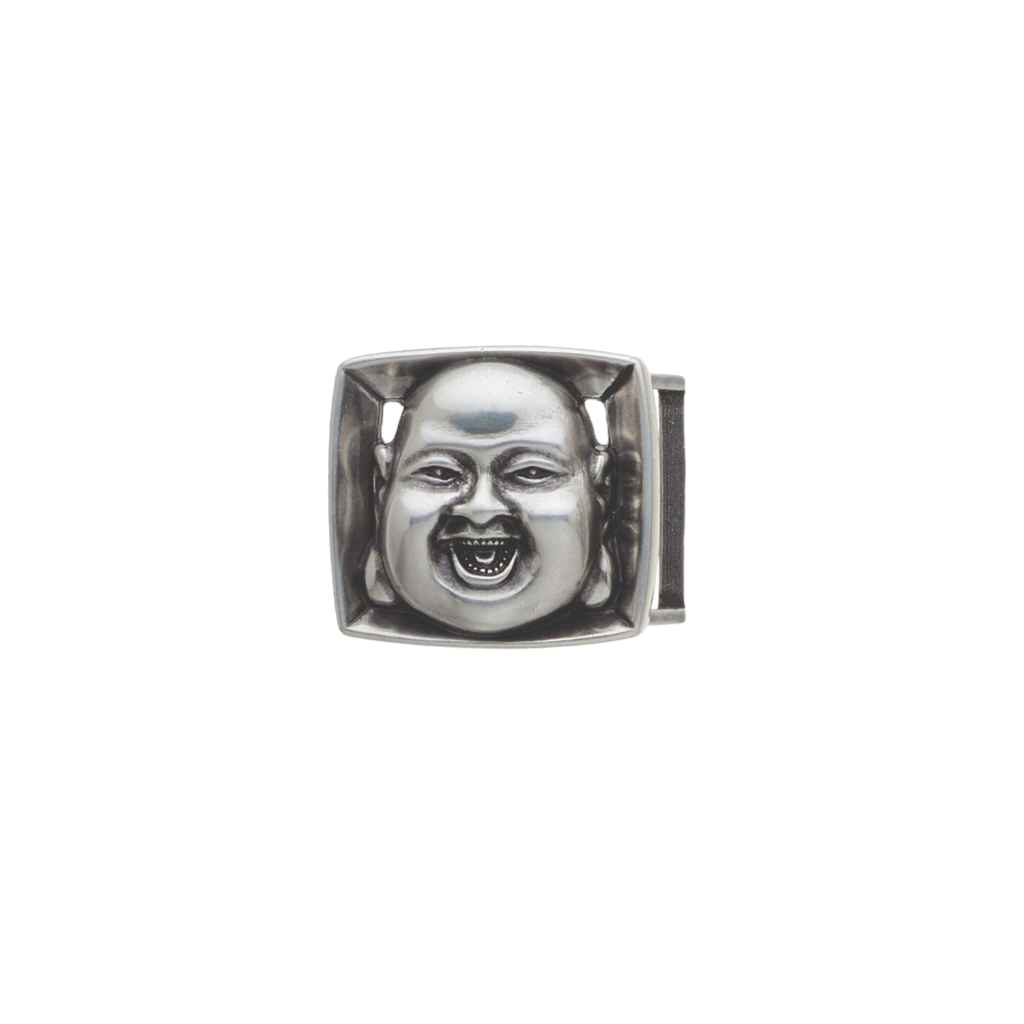Silver Buddha face belt buckle with laughing design, spiritual fashion accessory for men’s and women’s belts