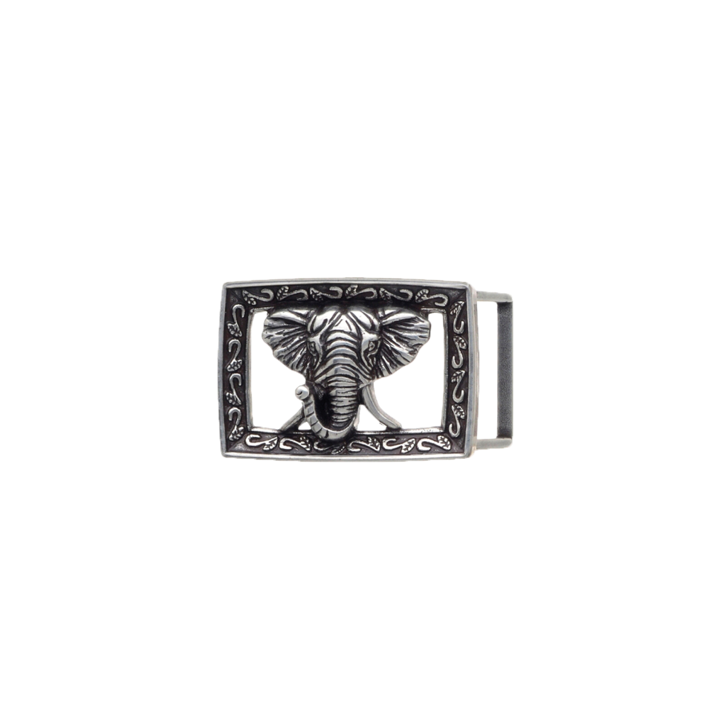 Silver elephant belt buckle with engraved frame, safari wildlife animal design fashion accessory with detailed elephant head