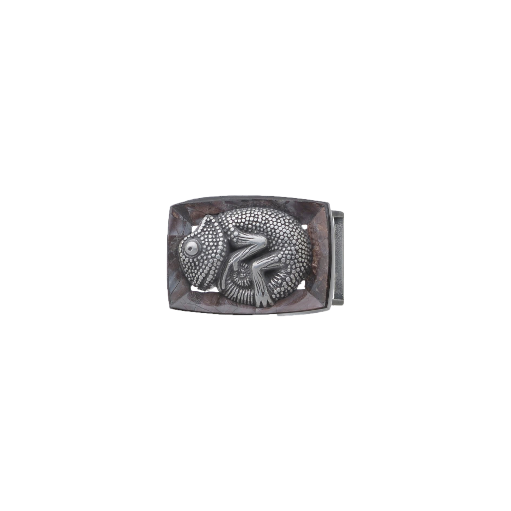Silver chameleon belt buckle with brown stone inlay, reptile animal design fashion accessory with detailed lizard pattern