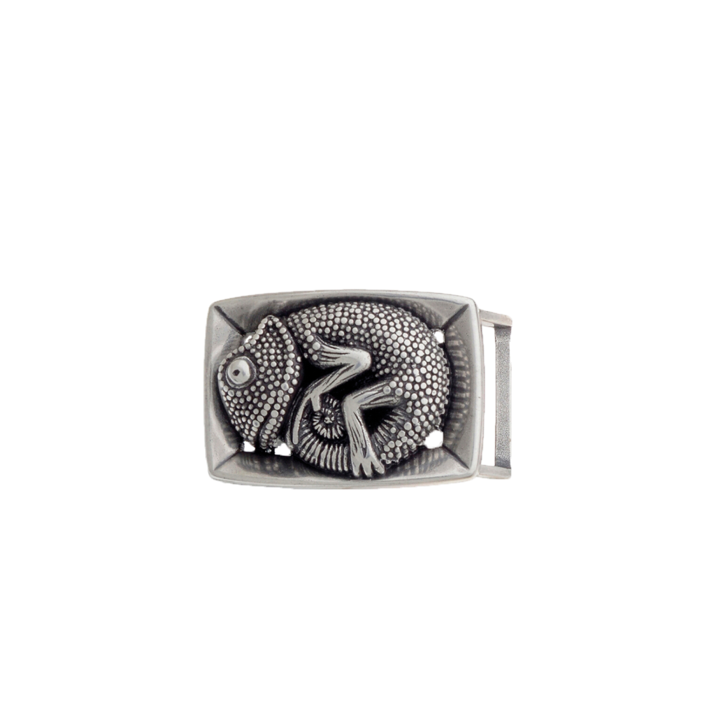 Antique silver chameleon belt buckle, reptile animal design western fashion accessory, detailed lizard pattern