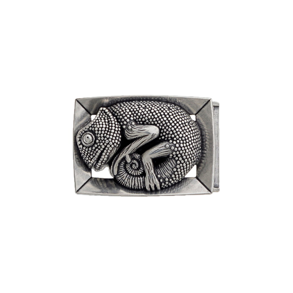 Silver belt buckle with a chameleon design
