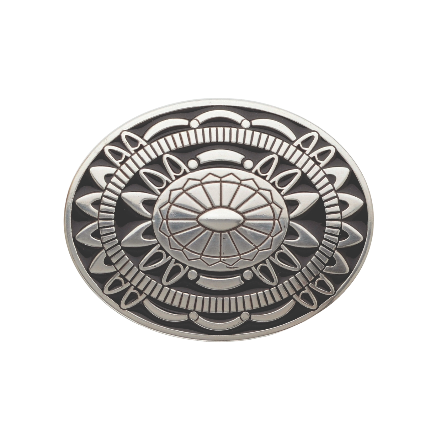 Ornate Sunburst Medallion 40mm belt buckle in English Silver + Enamel.