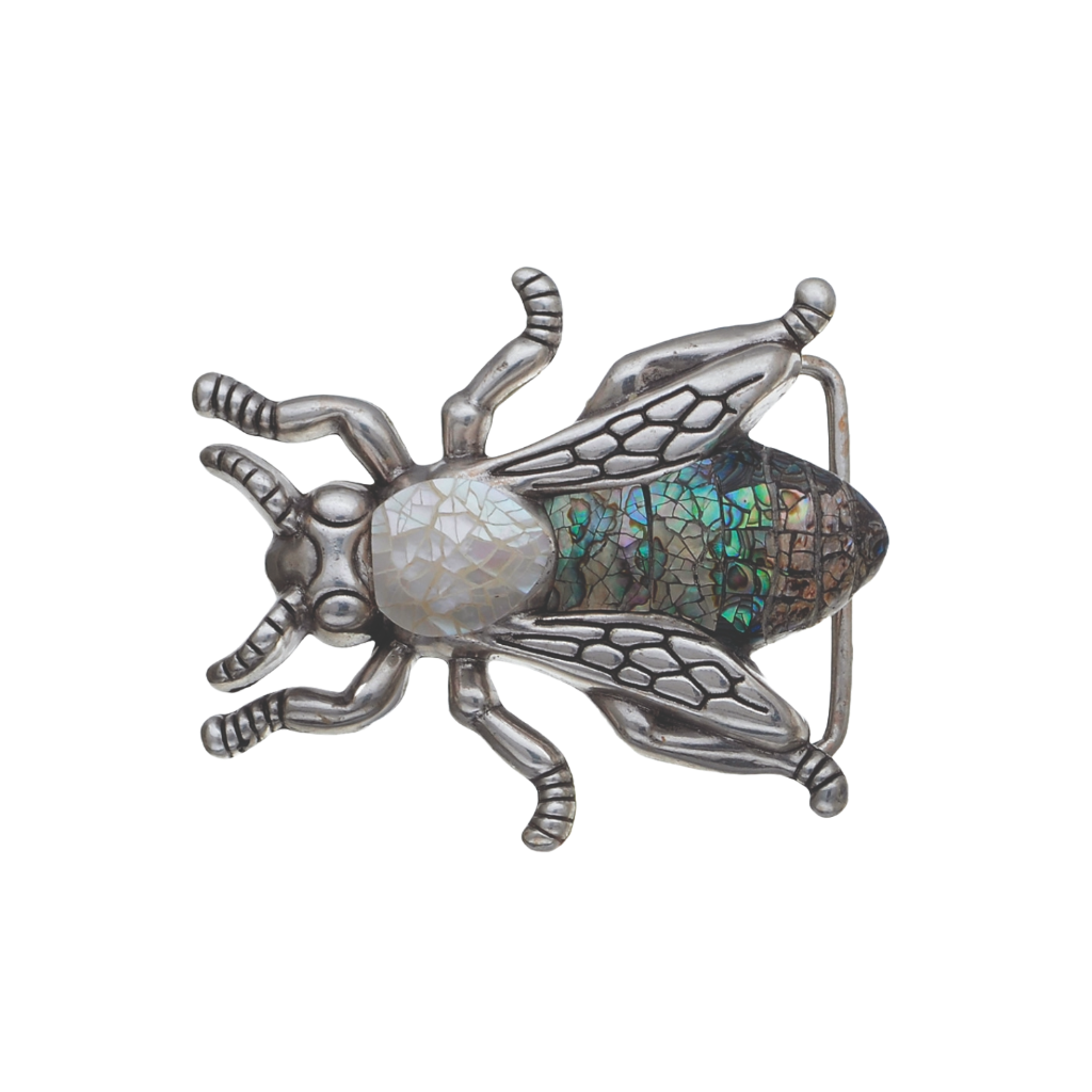 Silver insect belt buckle with abalone shell inlay, bee fly bug themed fashion accessory, iridescent western belt hardware