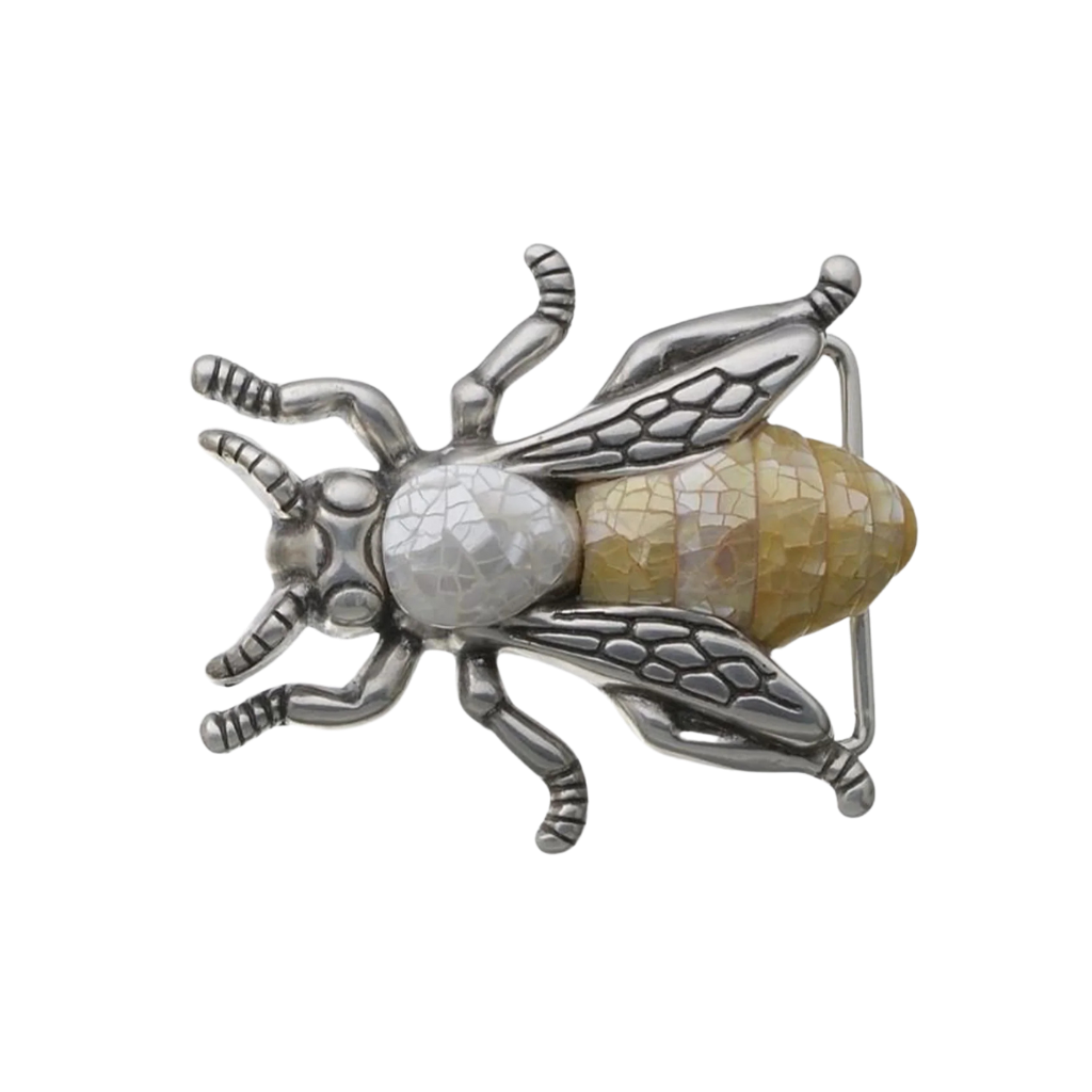 Bee-shaped belt buckle, silver wings with cracked white thorax and yellow shell inlay abdomen, isolated on transparent background