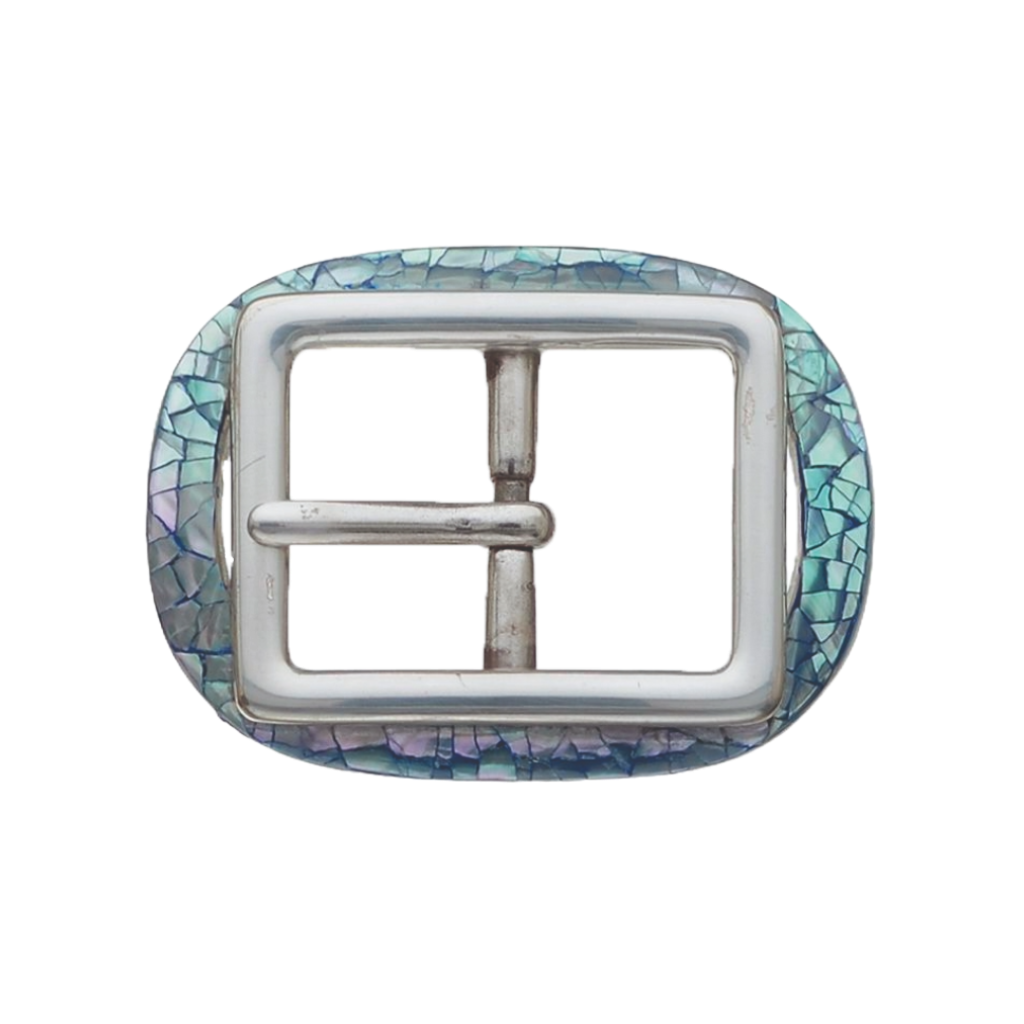 Oval 35mm belt buckle in English Silver with cracked blue abalone shell.