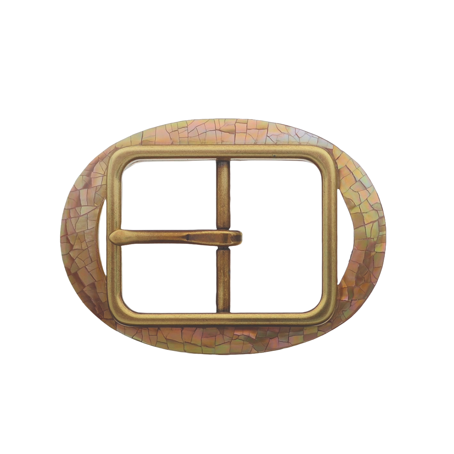 Oval 40mm belt buckle in Old Gold with cracked brown lip mother of pearl.