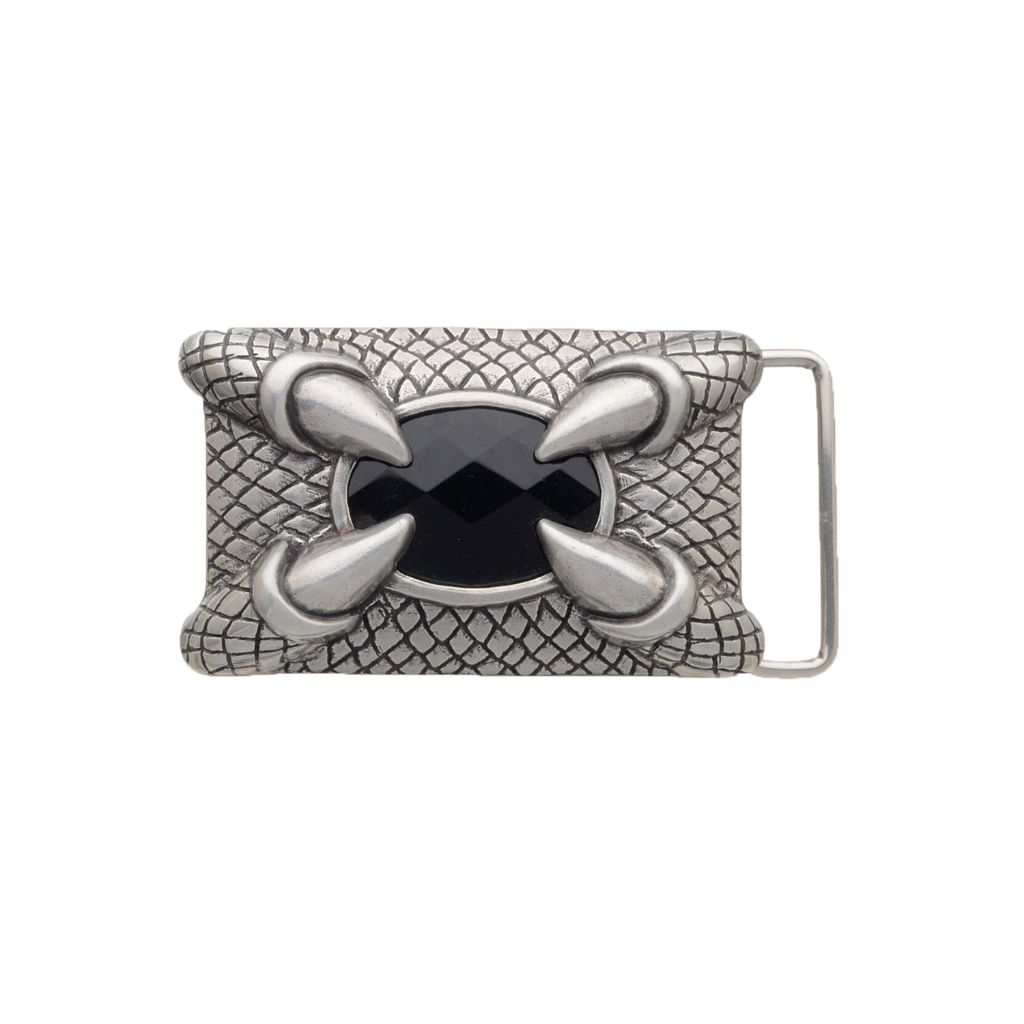 Textured silver belt buckle with a scaly or reptile-like pattern, featuring a central faceted black stone clutched by four detailed claws, a unique and bold fashion accessory with an Italian design.