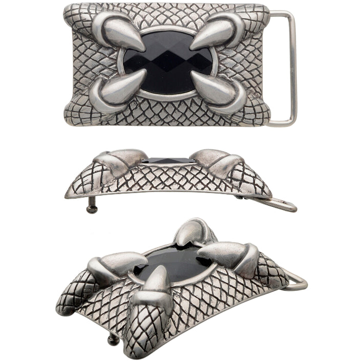 Dragon claw 40mm belt buckle with jet stone. English Silver finish over zamak, Italian-made for bold and stylish leather belts.