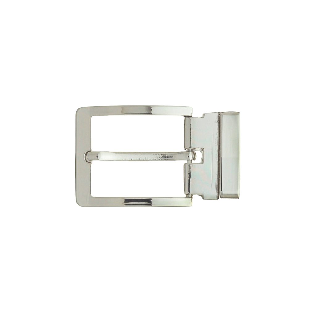 Polished silver-tone rectangular belt buckle featuring a slim, curved outer frame and a rotating reversible mechanism.
