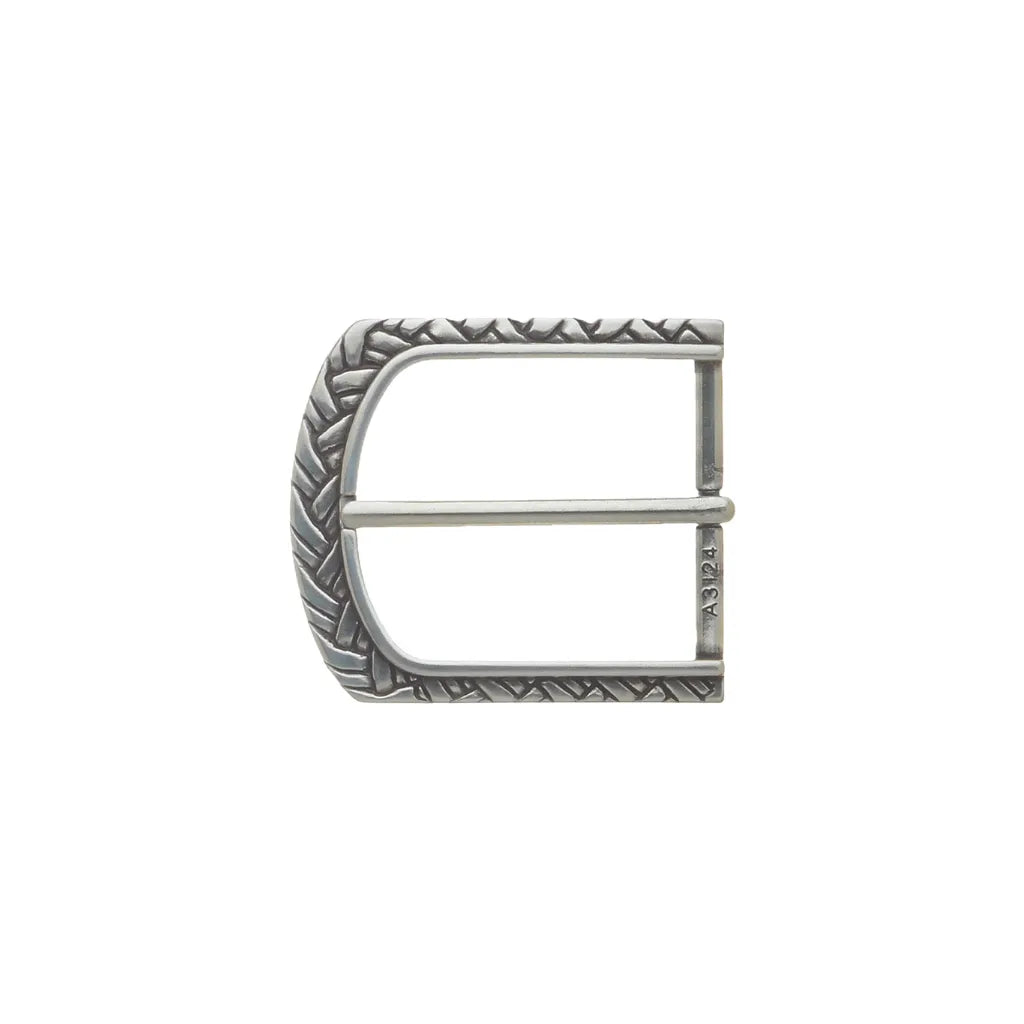 Polished silver rectangular belt buckle with braided chevron trim and rounded edge, fits 35mm belt strap