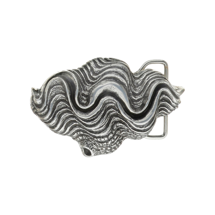 Textured silver belt buckle in the shape of a clam shell, a unique fashion accessory with a beautiful Italian design.
