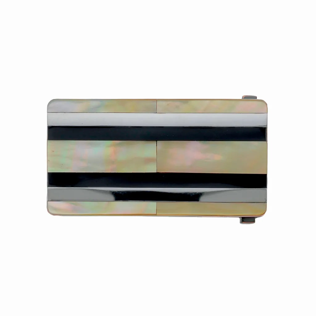 Rectangular belt buckle with mother-of-pearl inlay and glossy black stripe design