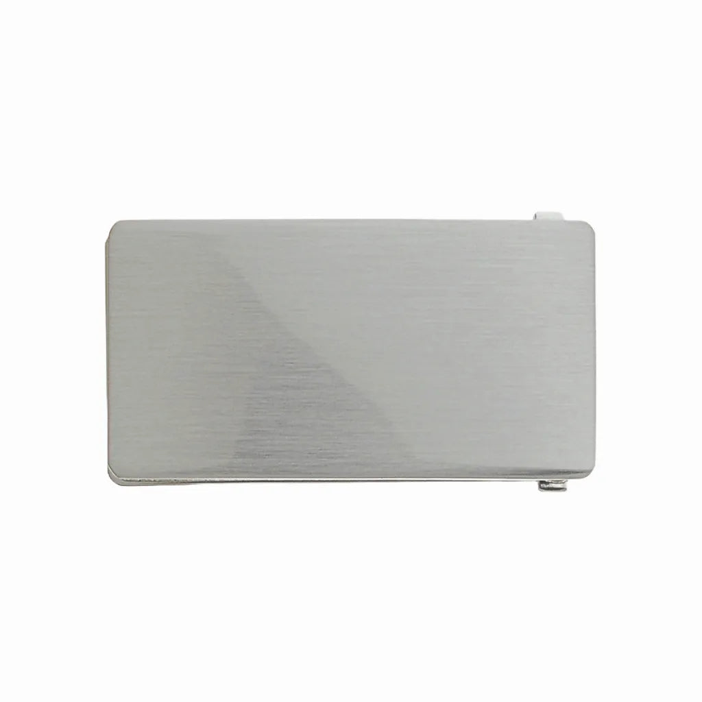 Rectangular belt buckle base plate in brushed silver finish, front view