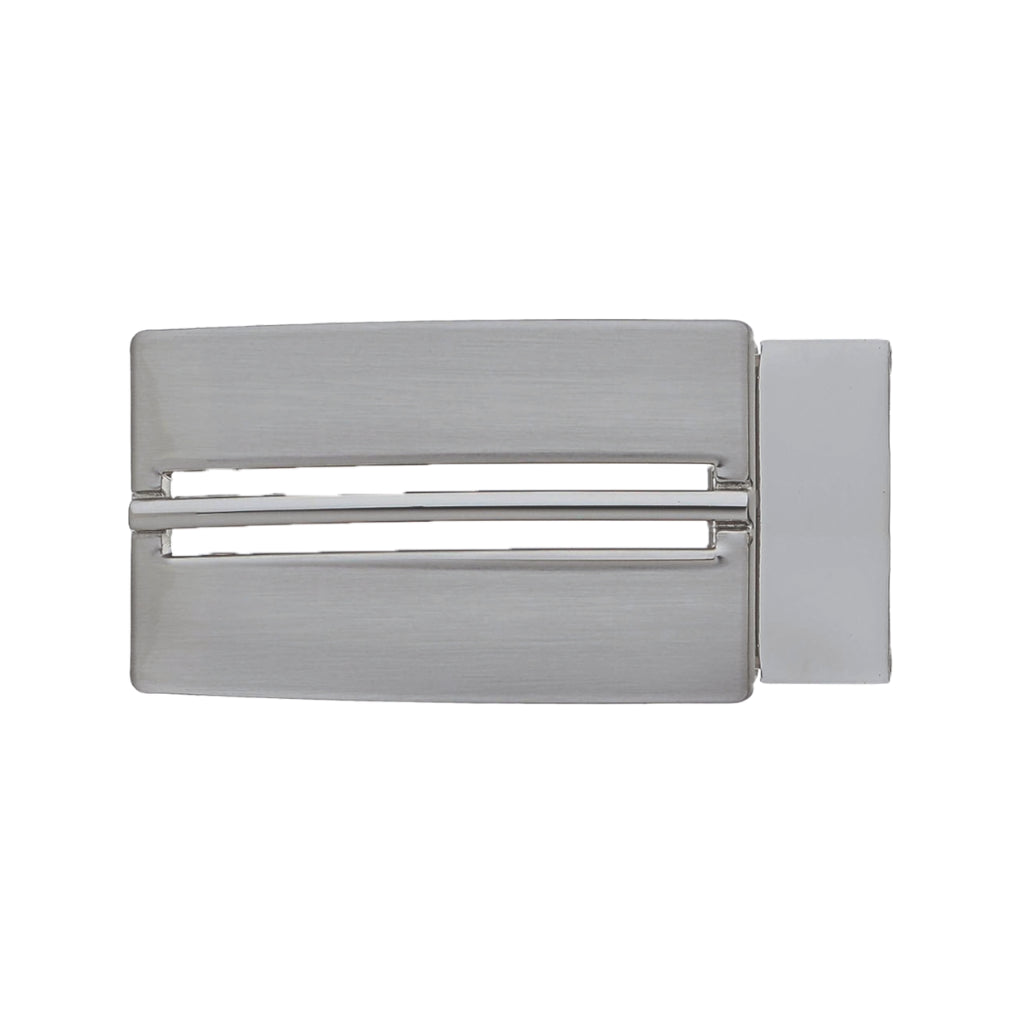 Rectangular belt buckle with brushed silver finish and double bar slot design, front view