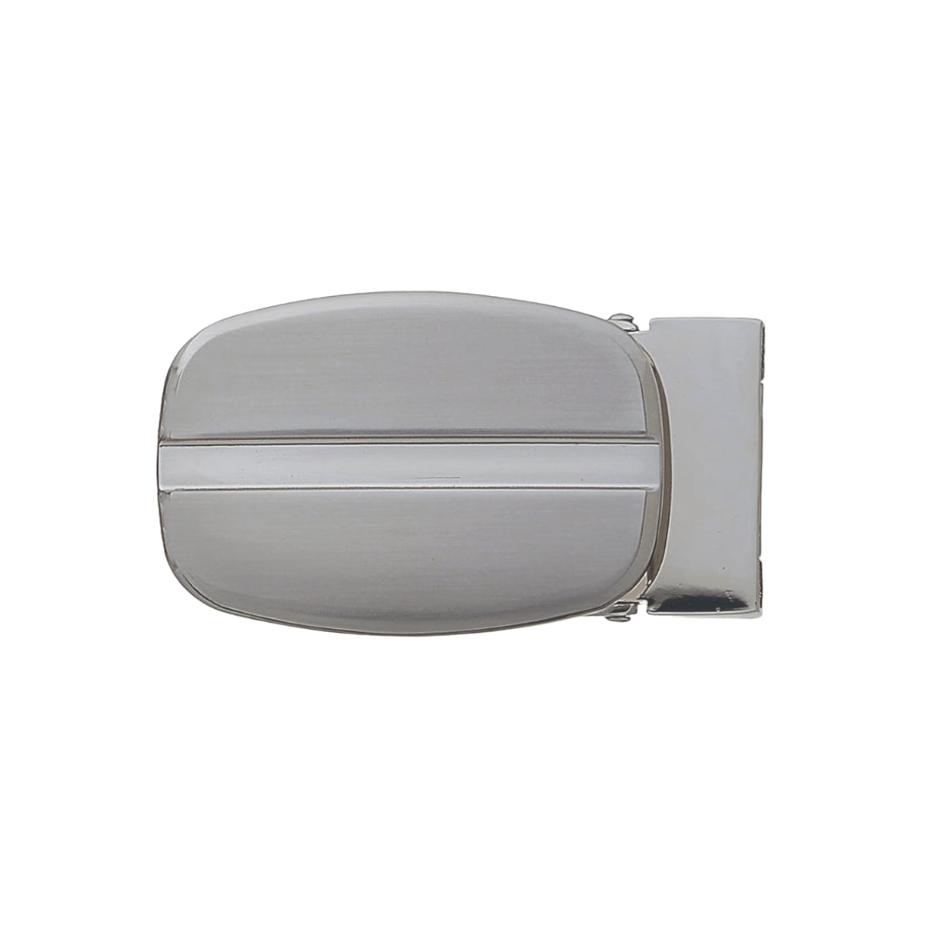Oval belt buckle in brushed silver finish with center bar detail, front view