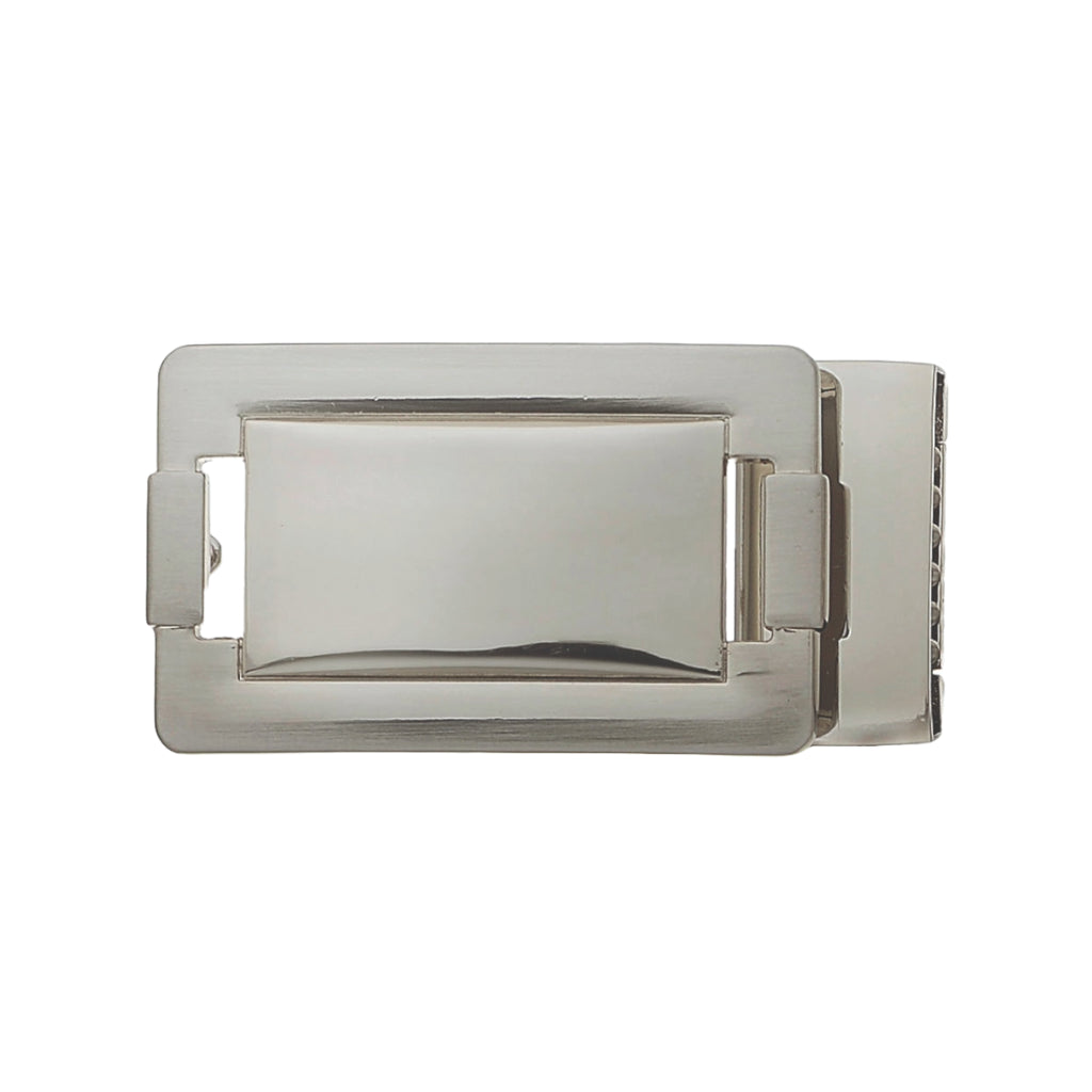 Rectangular belt buckle in polished silver finish with recessed center plate, front view